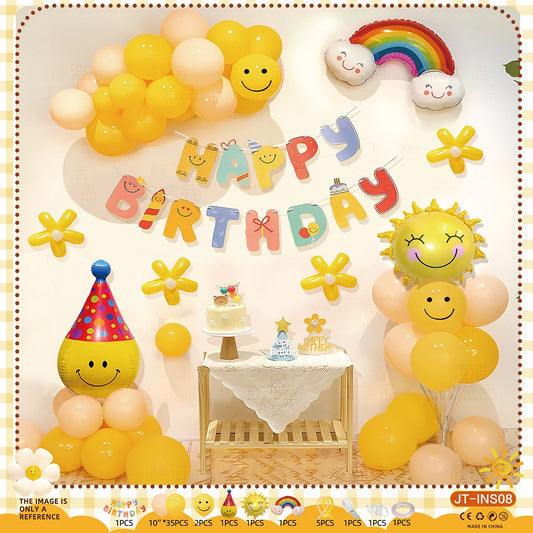 Sunshine Rainbow Birthday Balloon Set – Happy Face & Flower Theme