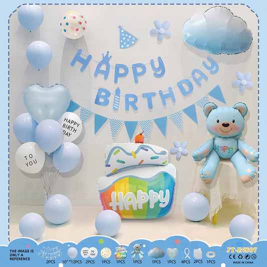 Blue Teddy Bear Birthday Balloon Set – Cloud & Rainbow Cake Theme