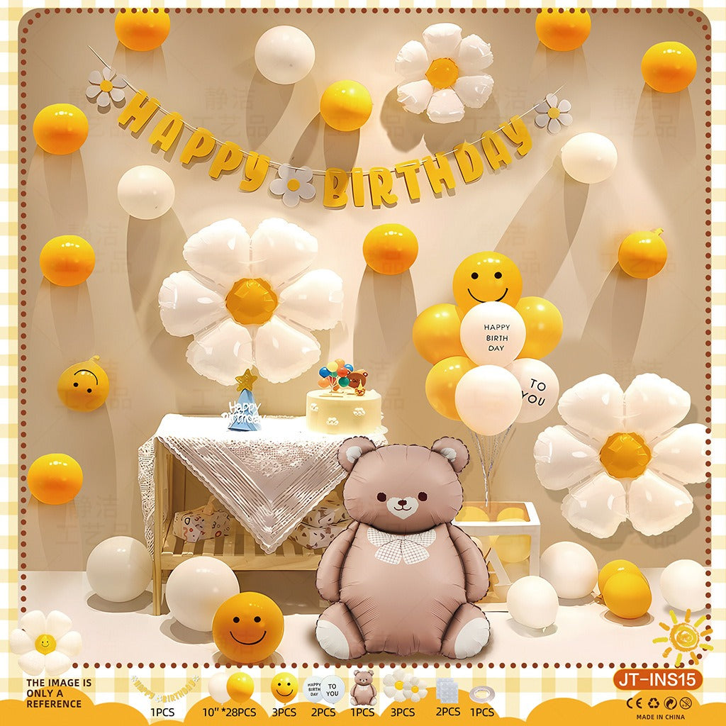 Sunshine Daisy Bear Birthday Balloon Set – Yellow & White Floral Theme