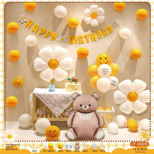 Sunshine Daisy Bear Birthday Balloon Set – Yellow & White Floral Theme
