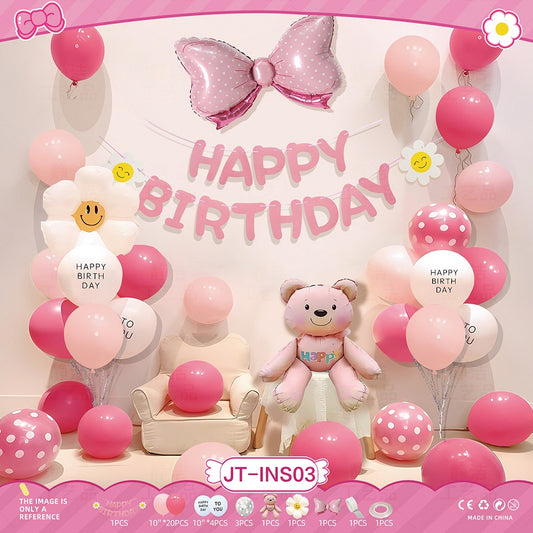 Pink Teddy Bear Birthday Balloon Set – Bow & Polka Dot Theme