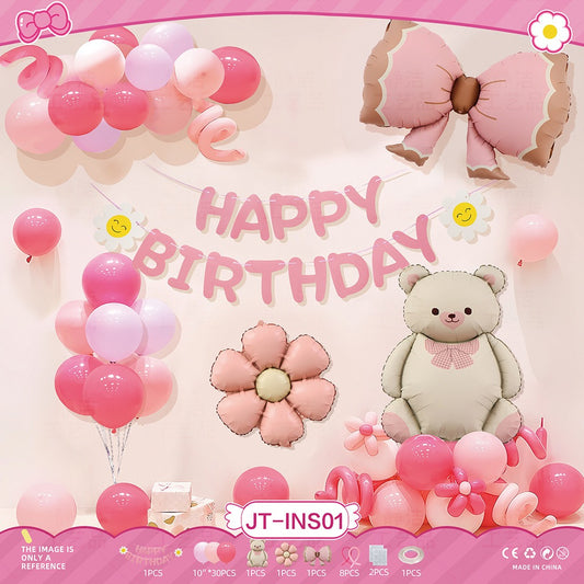 Pink Bow & Bear Birthday Balloon Set – Floral Girl Party Theme