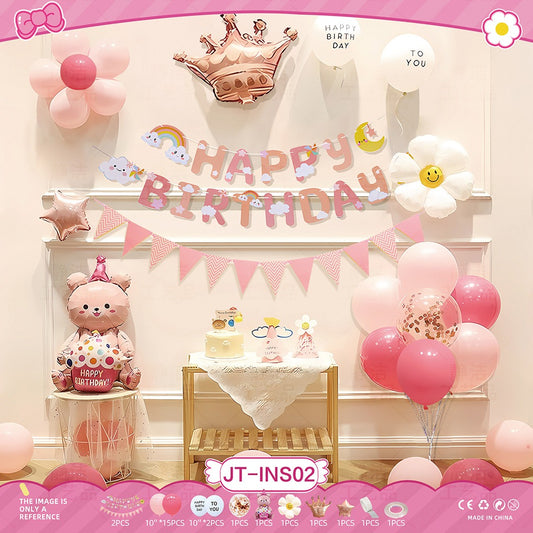 Pink Princess Birthday Balloon Set – Crown, Rainbow & Cute Animal Theme