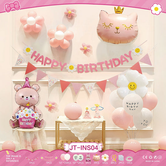 Pink Kitty Princess Birthday Balloon Set – Bear, Crown & Floral Theme